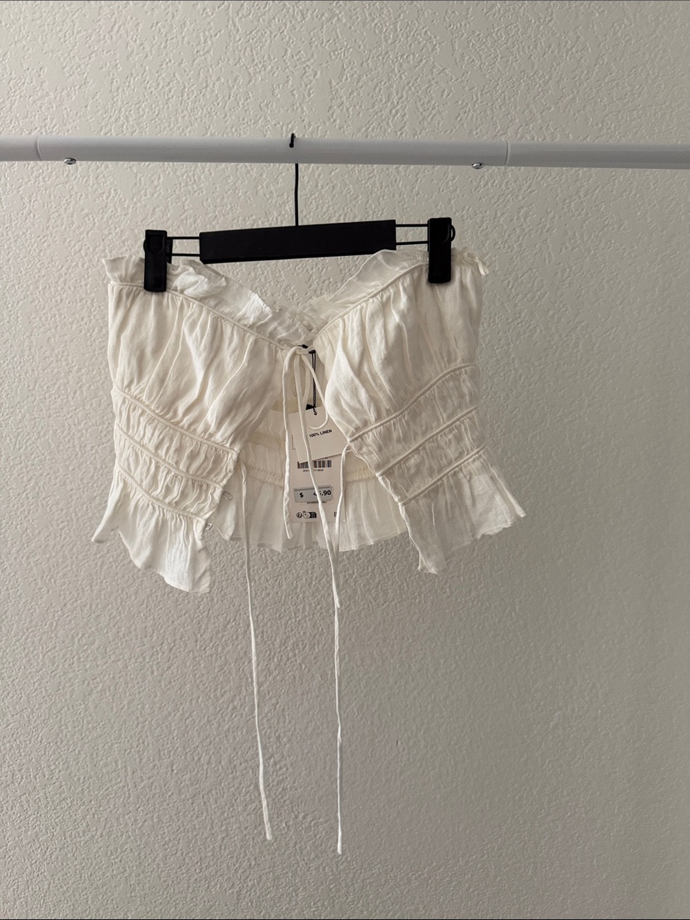 Zara White Ruched Tie-Front Women’s feminine top 100% linen